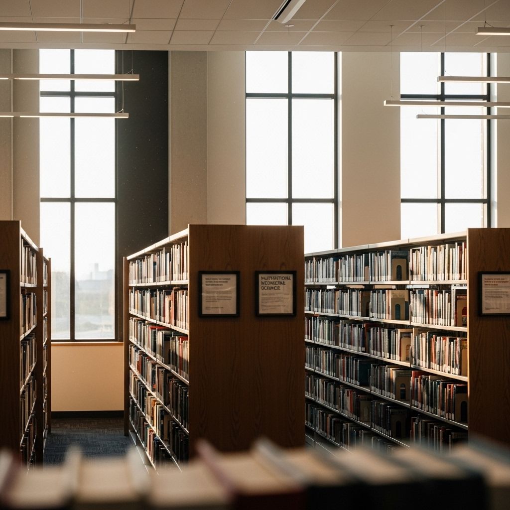 Bibliothèque académique moderne avec rayons de livres de sciences nutritionnelles, lumière naturelle traversant de hautes fenêtres projetant des rayons dorés sur des volumes reliés, ambiance studieuse et sereine