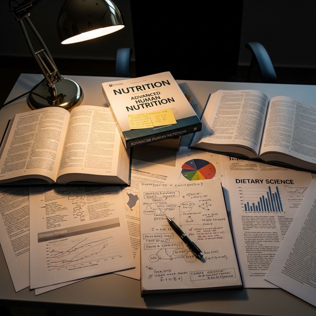 Bureau académique avec livres ouverts sur la nutrition, stylo posé sur des notes manuscrites, lumière chaude de bureau éclairant des pages de recherche sur fond sombre