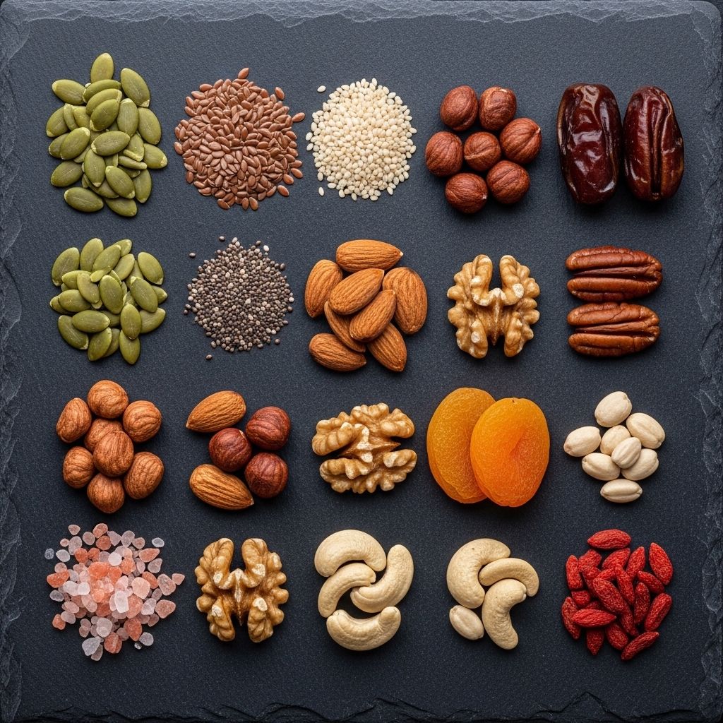 Graines, noix et aliments naturels riches en minéraux et vitamines disposés sur une surface en ardoise sombre, composition scientifique et sobre