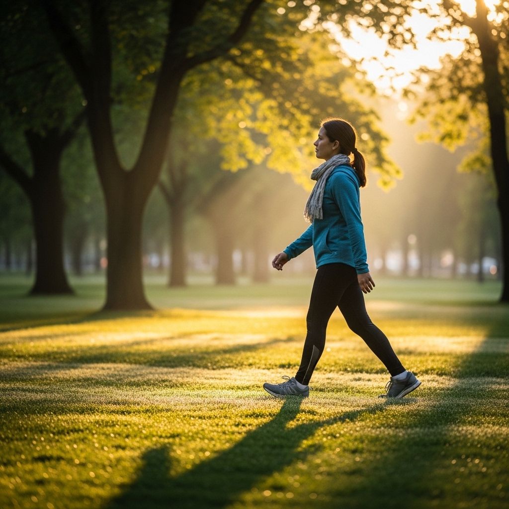 Personne marchant dans un parc verdoyant en matinée, lumière dorée filtrant à travers les arbres, ambiance calme et énergique, chaussures de marche visibles