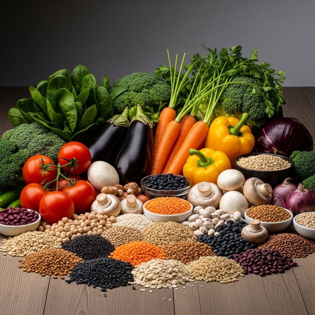 Composition variée de légumes colorés, légumineuses et céréales complètes disposés sur une table en bois rustique avec éclairage naturel latéral créant des ombres profondes