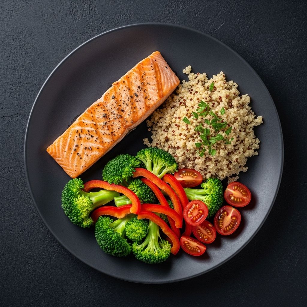Assiette équilibrée avec portions contrôlées de protéines maigres, glucides complexes et légumes frais, photographiée en vue aérienne sur fond sombre avec contraste lumineux